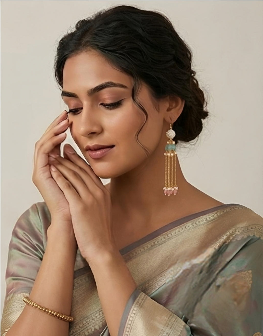 Gold-Plated Pastel Blue & Pink Pearl Tassel Earrings