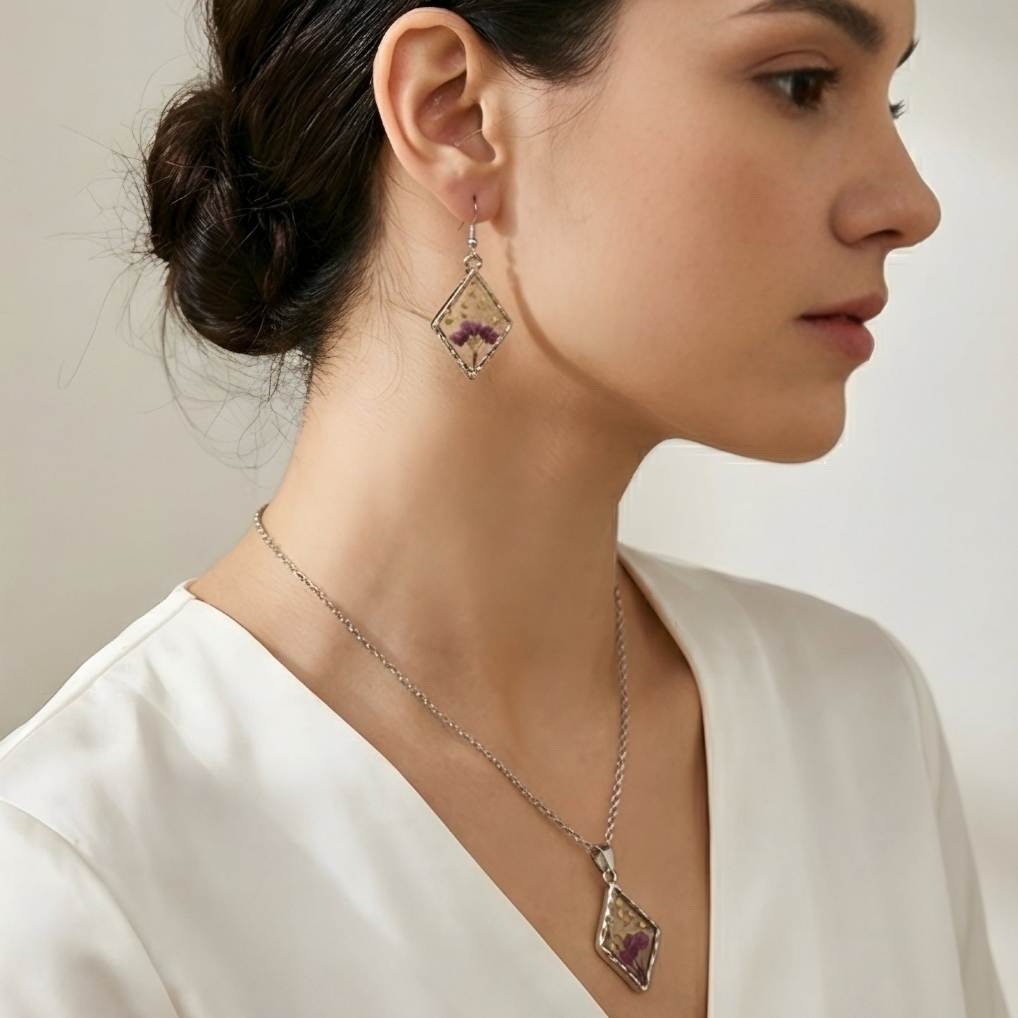 Real Flower Resin Pendant Necklace with Matching Earrings | Handmade Jewelry Set