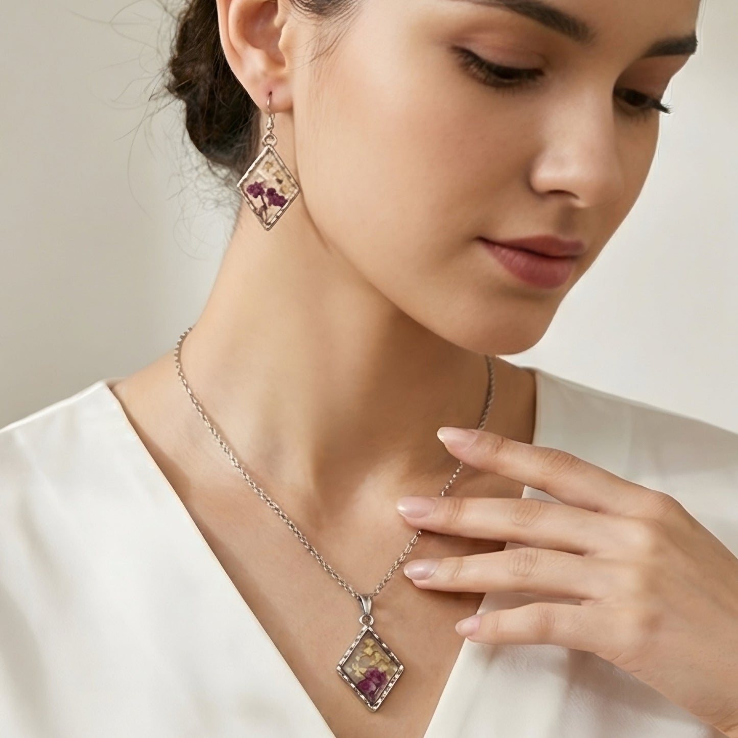 Real Flower Resin Pendant Necklace with Matching Earrings | Handmade Jewelry Set