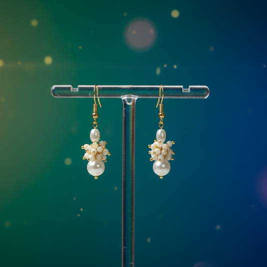 Elegant Pearl Drop Cluster Earrings | Minimal Gold Tone Pearl Earrings for Women