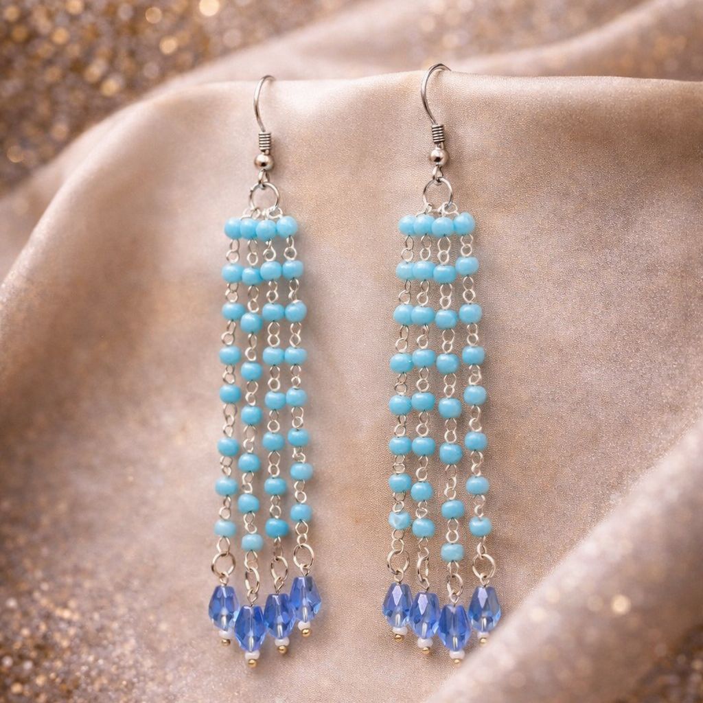 Sky Blue Beads & Crystal Drop Long Tassel Earrings | Elegant Handmade Jewelry