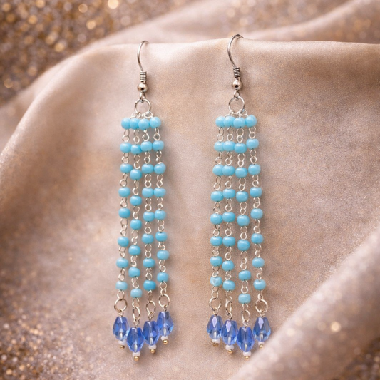 Sky Blue Beads & Crystal Drop Long Tassel Earrings | Elegant Handmade Jewelry
