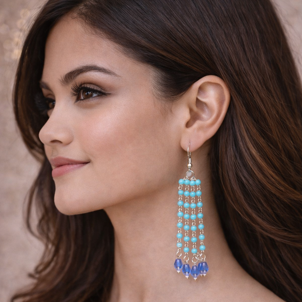 Sky Blue Beads & Crystal Drop Long Tassel Earrings | Elegant Handmade Jewelry