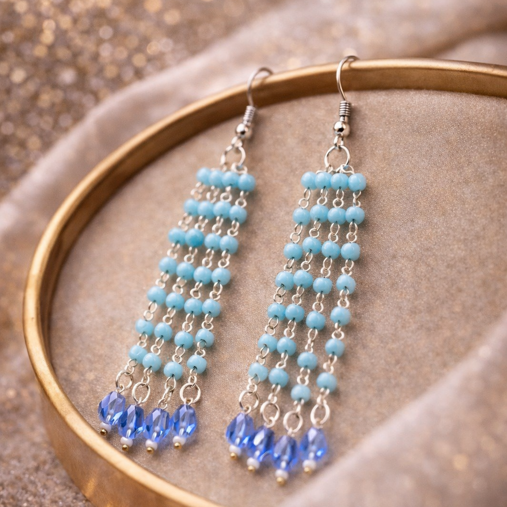 Sky Blue Beads & Crystal Drop Long Tassel Earrings | Elegant Handmade Jewelry