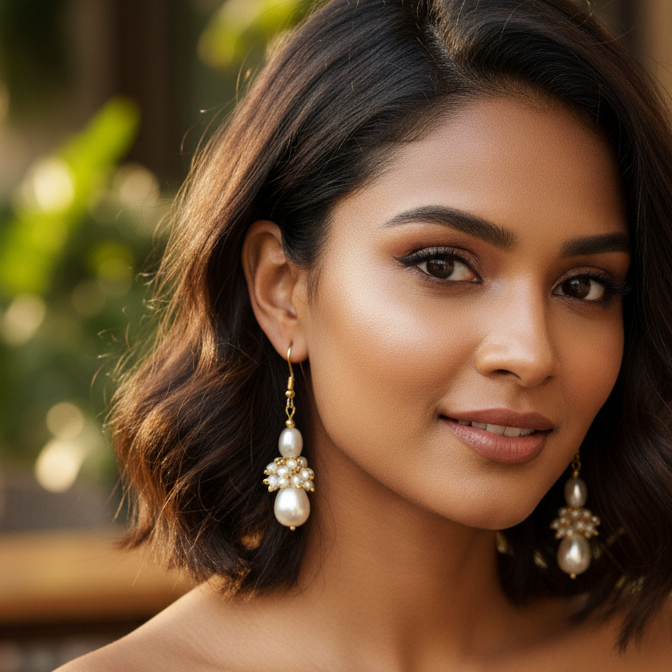 Elegant Pearl Drop Cluster Earrings | Minimal Gold Tone Pearl Earrings for Women