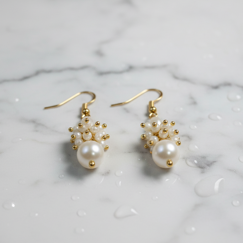 Elegant Pearl Drop Cluster Earrings | Minimal Gold Tone Pearl Earrings for Women