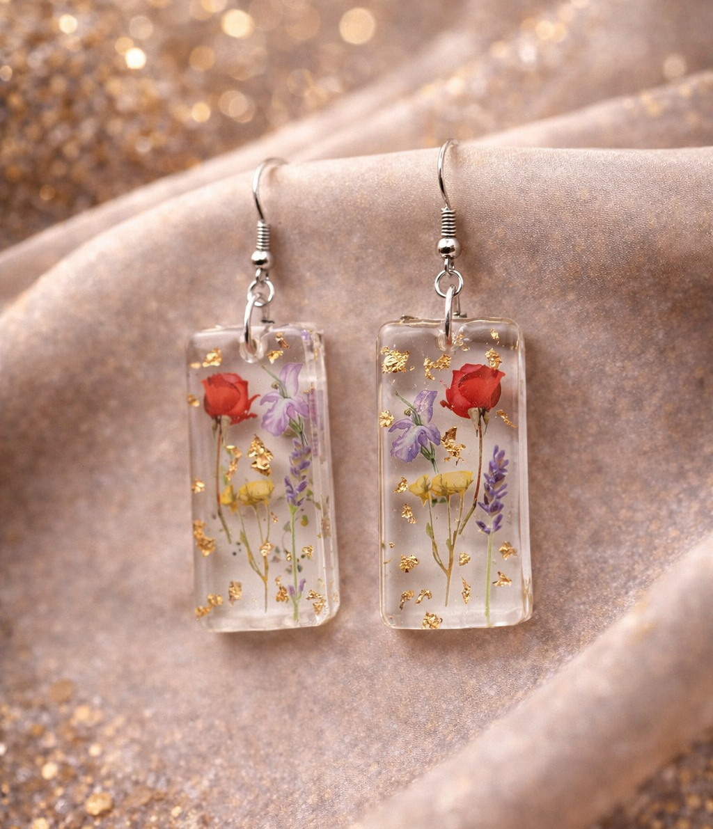 Handcrafted Resin Earrings Embedded with Real Flowers | Elegant Floral Jewelry