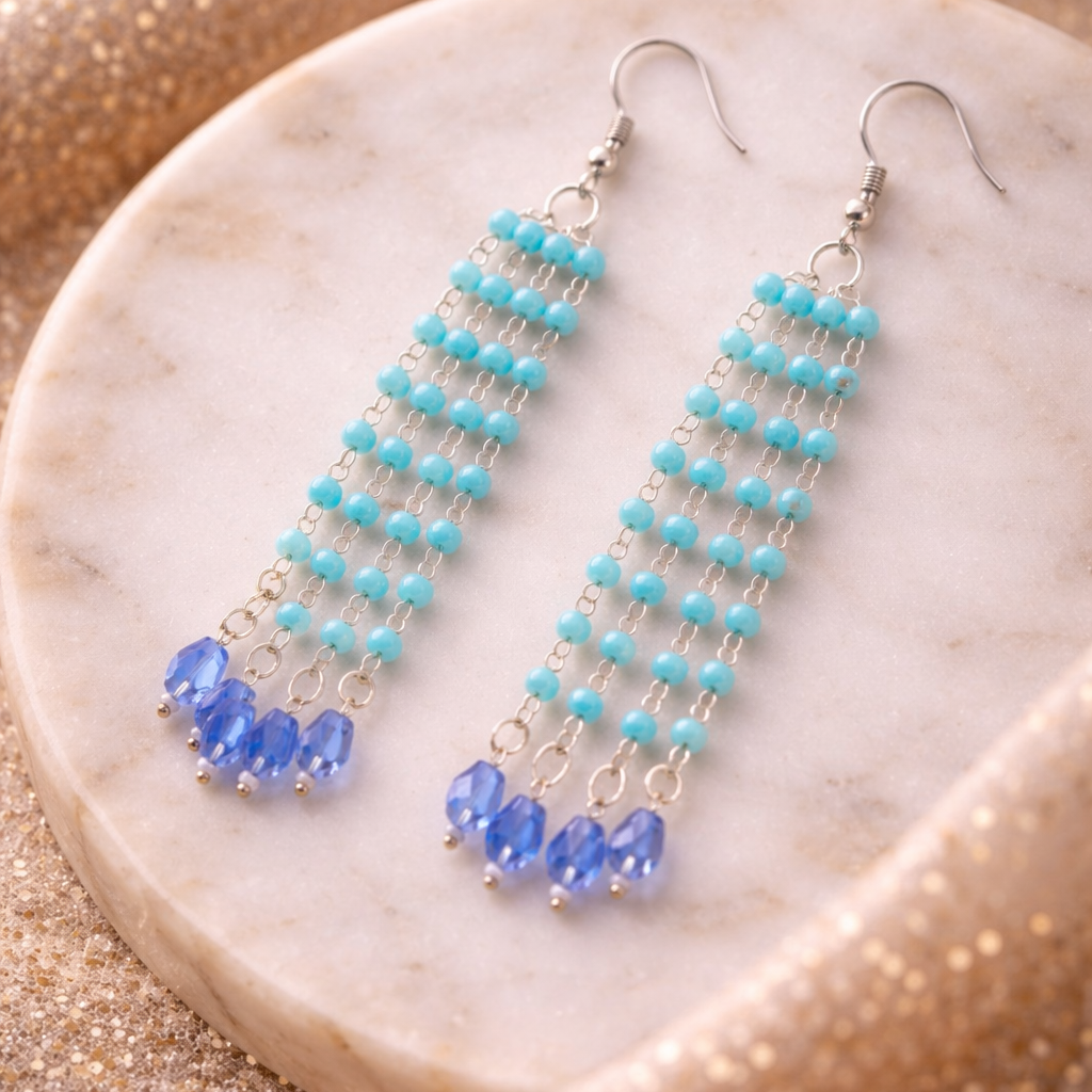Sky Blue Beads & Crystal Drop Long Tassel Earrings | Elegant Handmade Jewelry